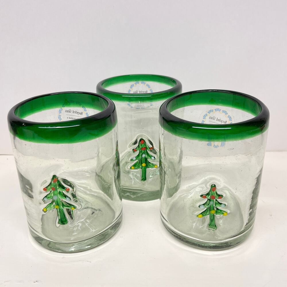 Hand Blown Rocks Glass Set from Mexico Christmas Tree Set of 3